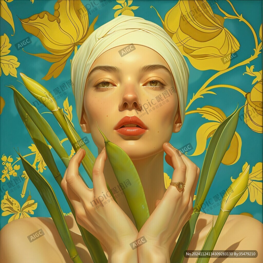 植物美女手繪裝飾畫