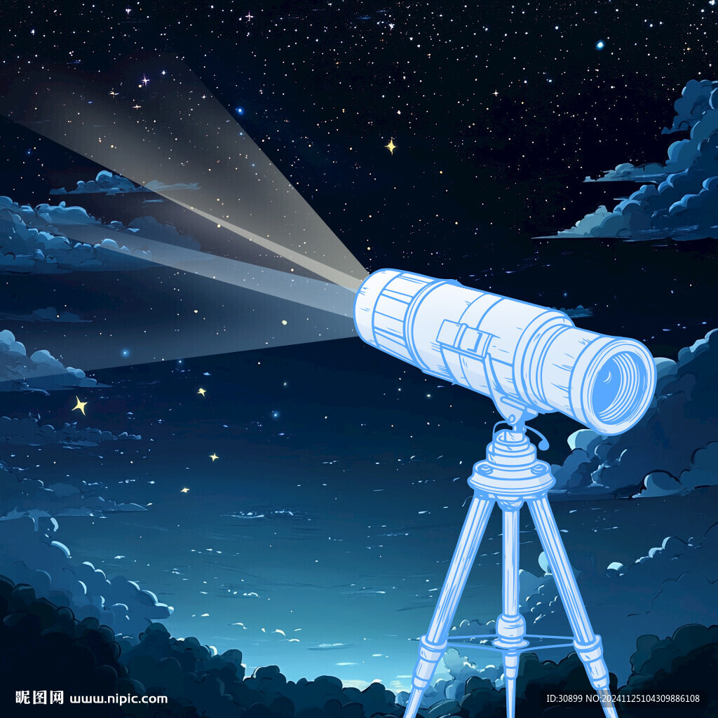 手繪天文望遠鏡星空場景插畫