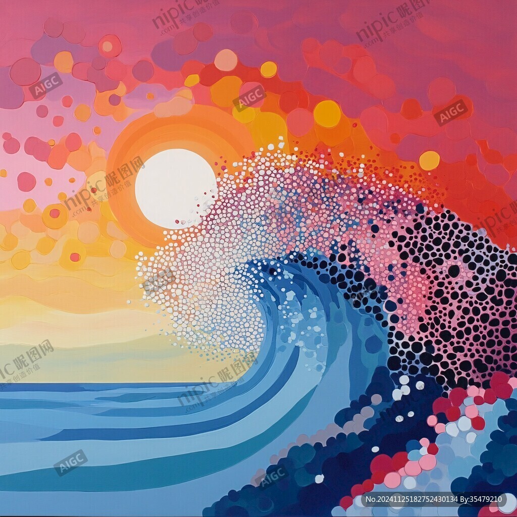 手繪海浪旭日東升