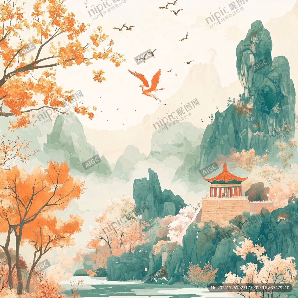 仙鶴樓閣山水插畫