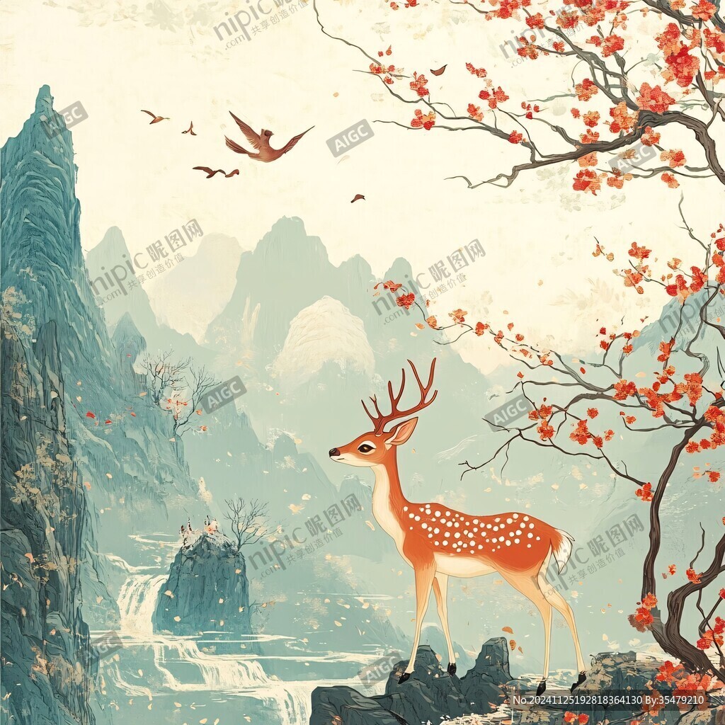 仙鶴麋鹿山水插畫