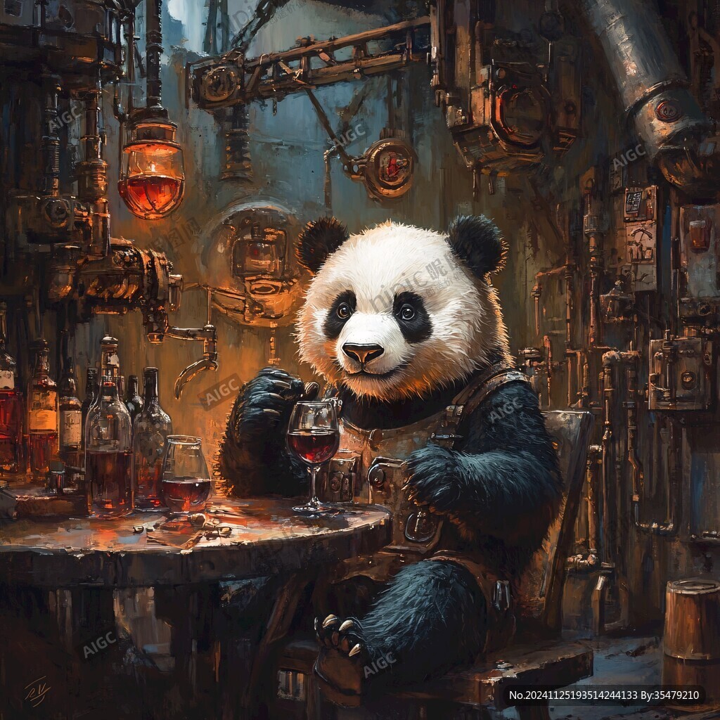 手繪喝啤酒的熊貓