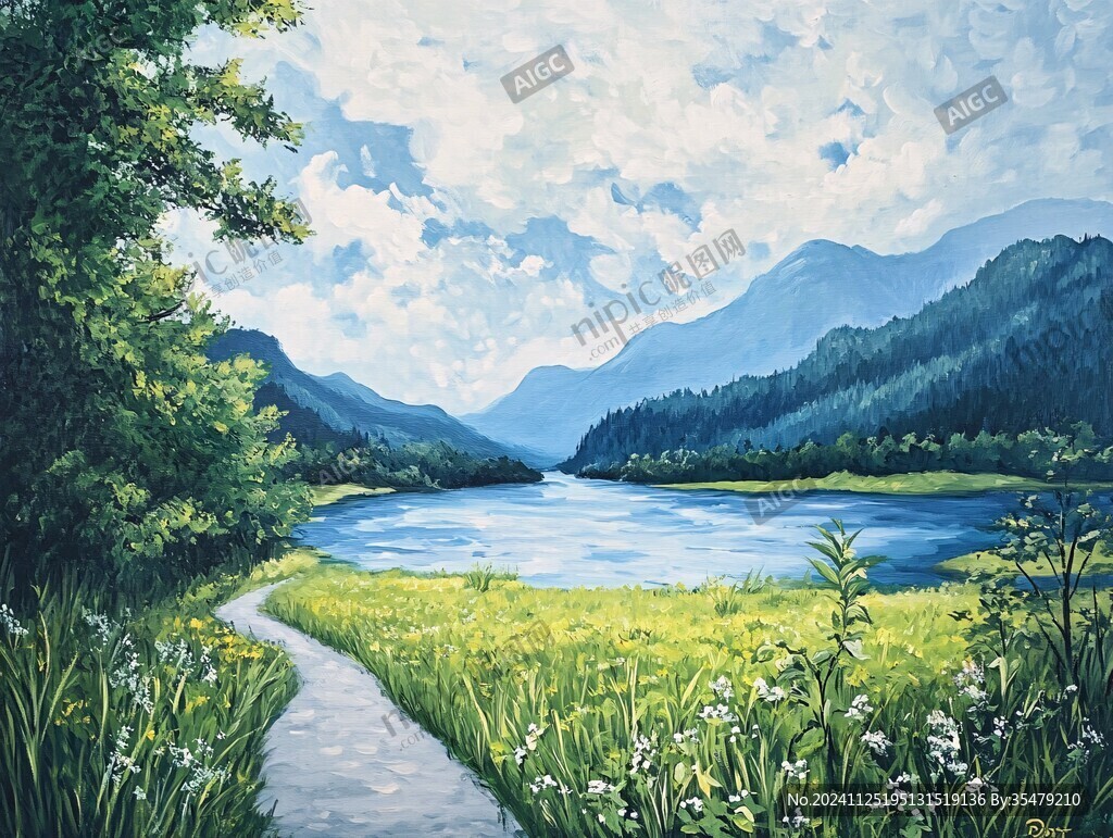 湖邊小路油畫