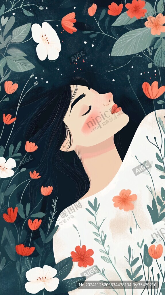 花叢女孩插畫