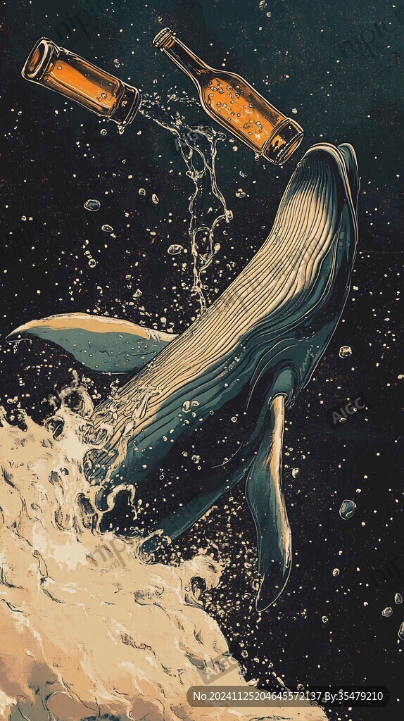 手繪鯨魚醉酒插畫