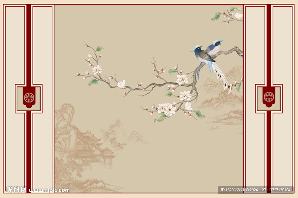 高清手繪中式玉蘭線描背景墻