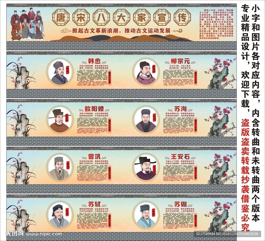 校園唐宋八大家海報展板文化畫像