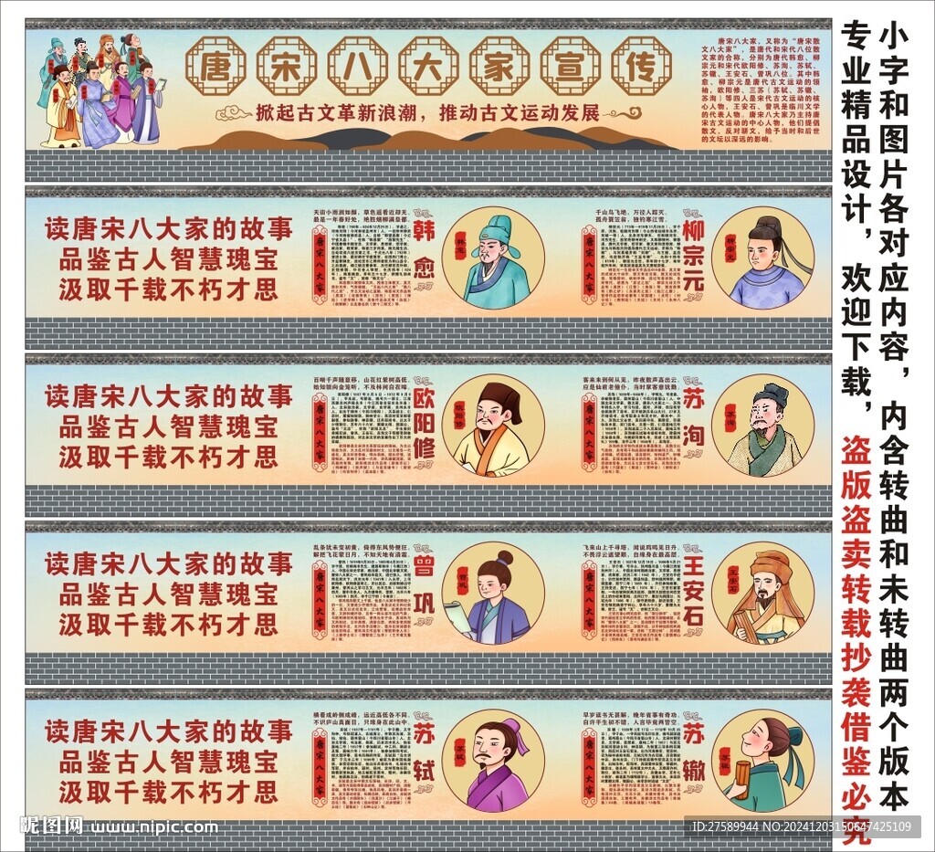 校園唐宋八大家海報(bào)展板文化畫像