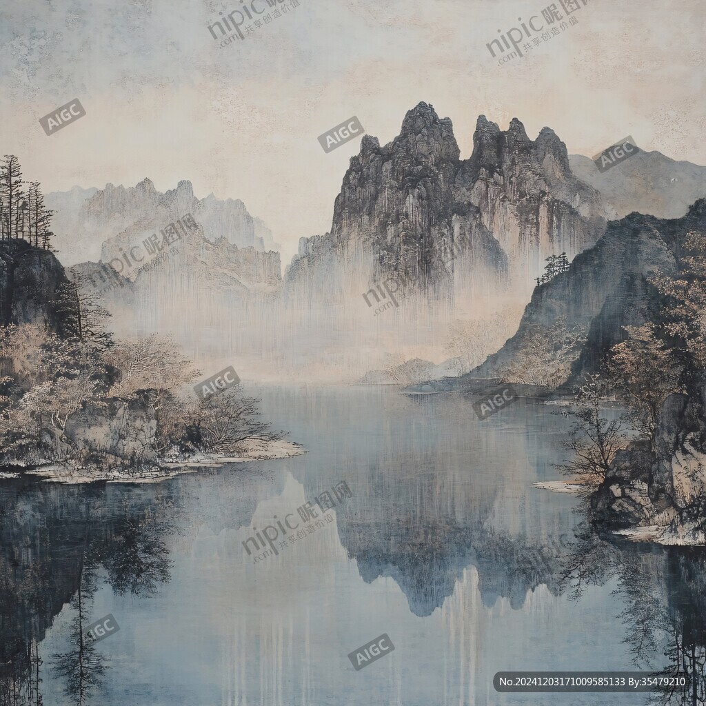 油画远山群山倒影云雾 油画远山群山倒影云雾