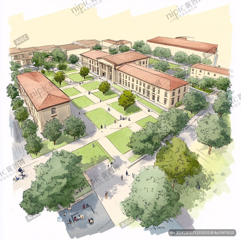 水彩斯坦福大學建筑