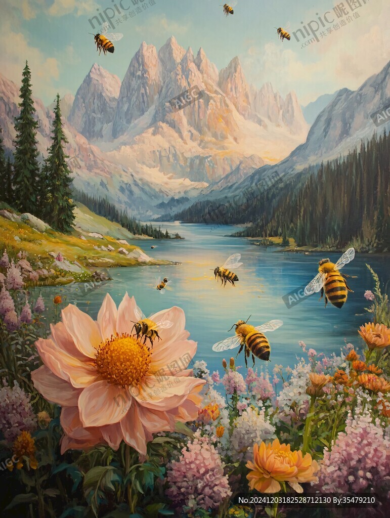 蜜蜂采花油畫