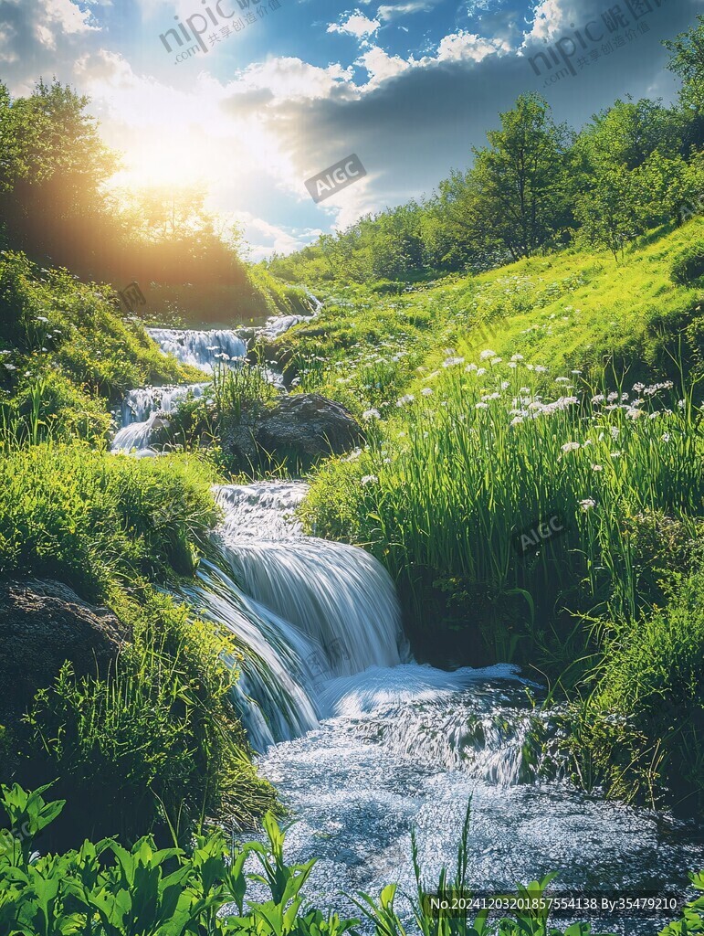 陽光草地溪流