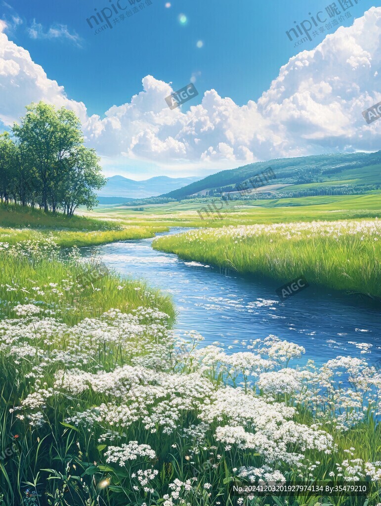 草地野花河流