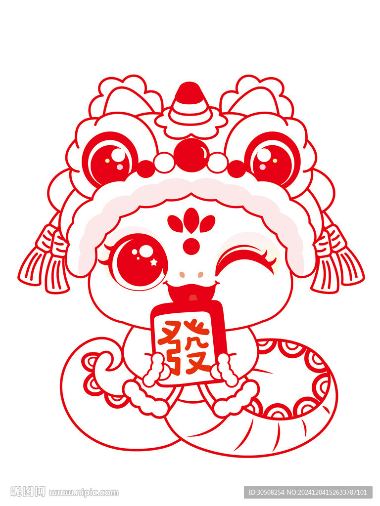 手繪快樂蛇舞獅子線稿插畫