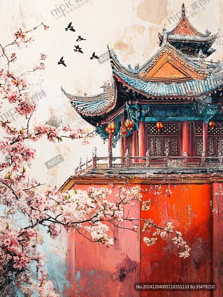 復(fù)古花鳥建筑背景