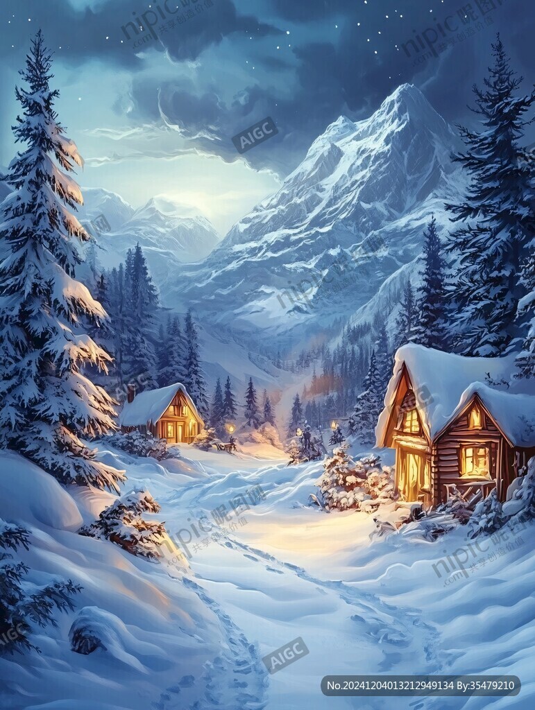 手繪雪夜風(fēng)景無框畫