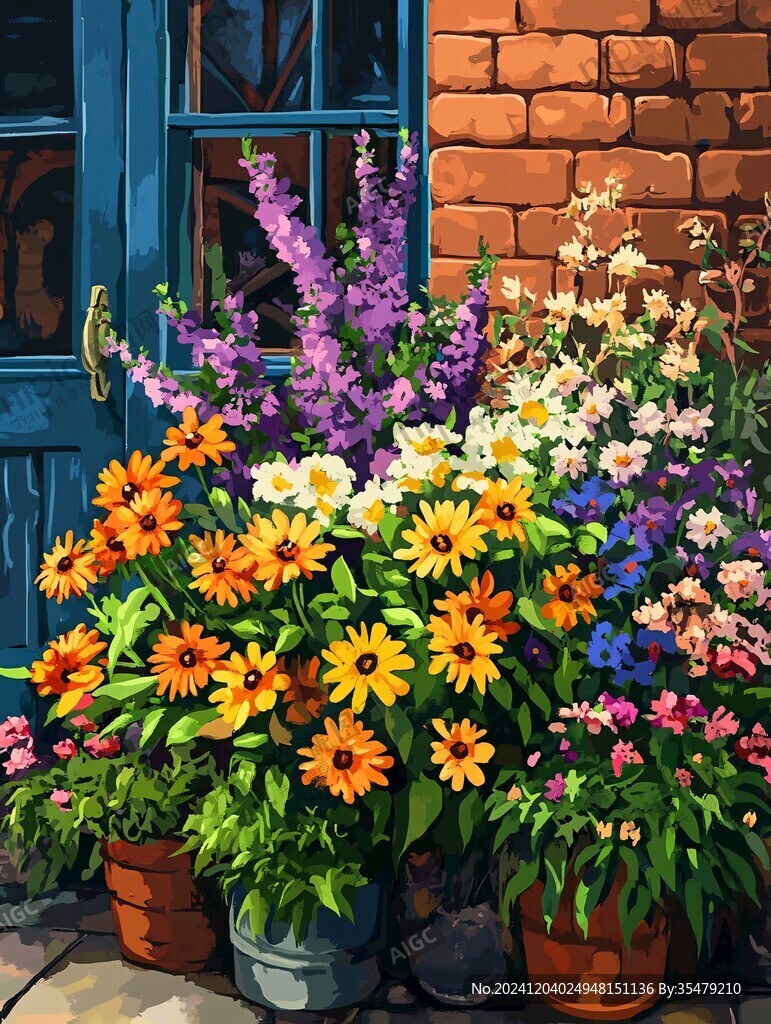 開滿鮮花的窗戶插畫