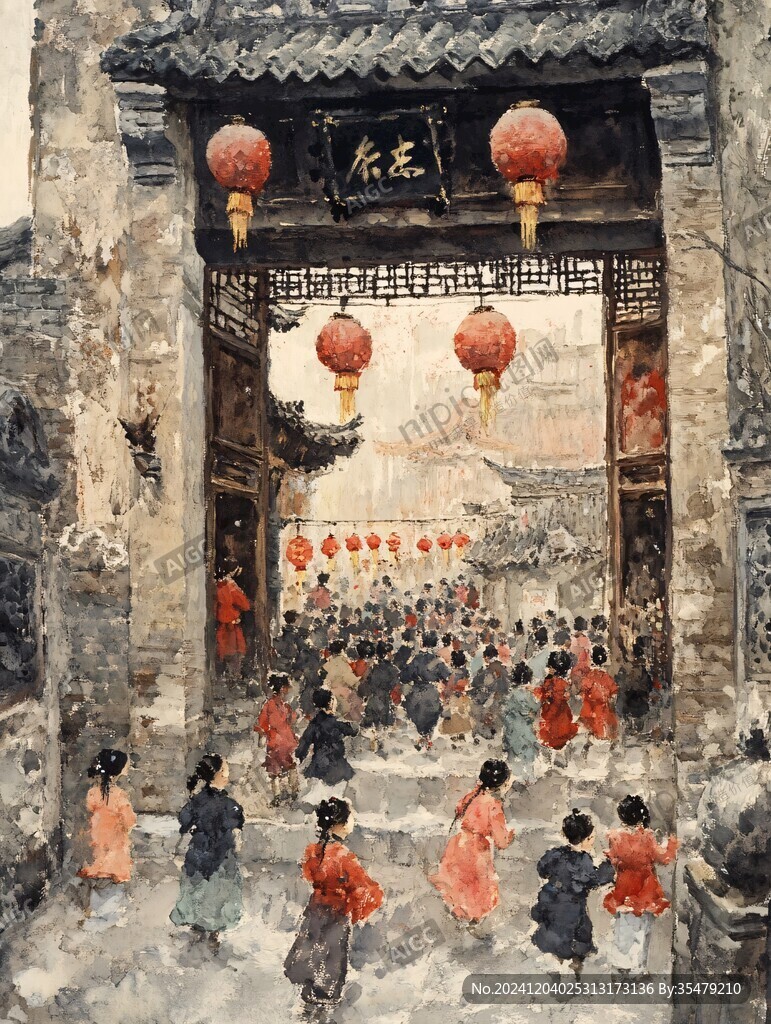 紅色宏村插畫宏村水彩
