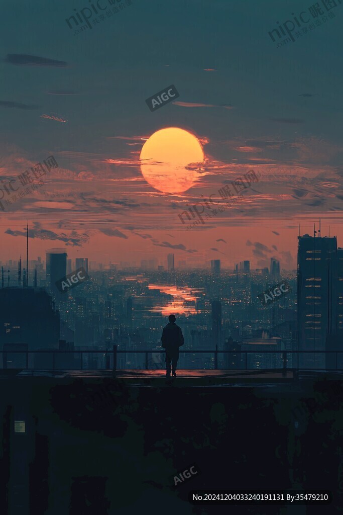插畫城市夕陽