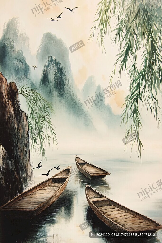 遠山飛鳥船框畫無框畫