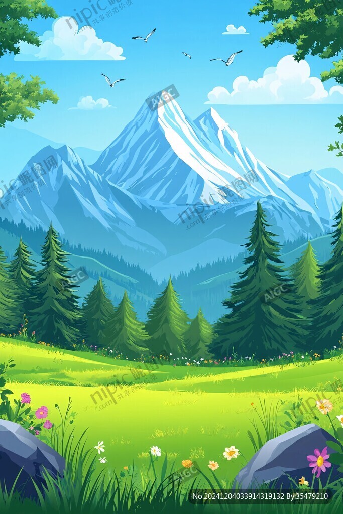 手繪森林山峰草地