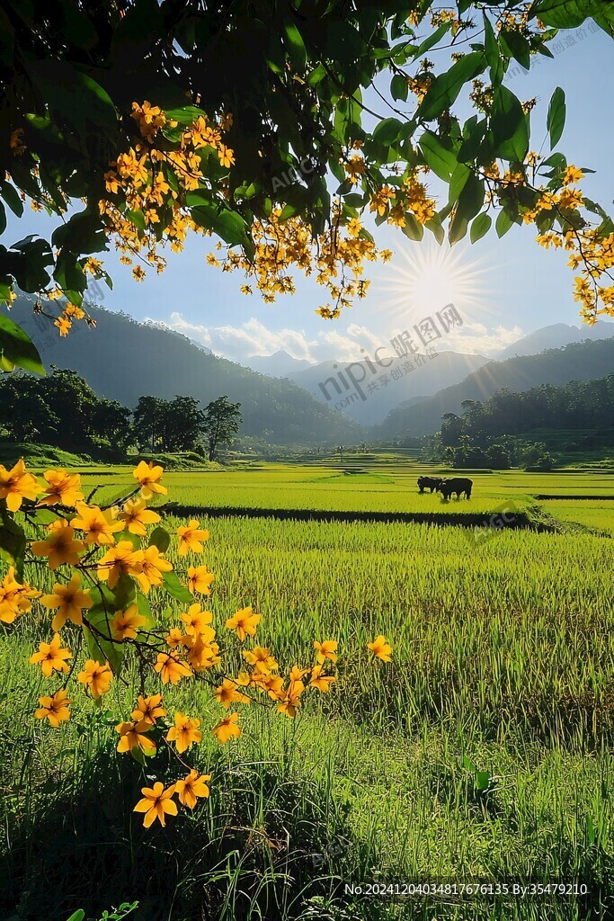 陽光稻田美景