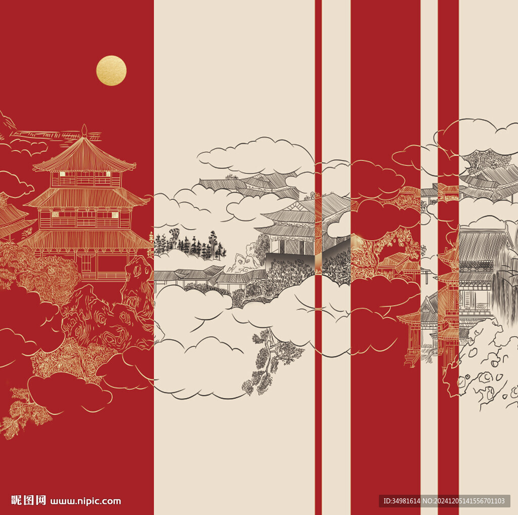 中式山水樓閣線條