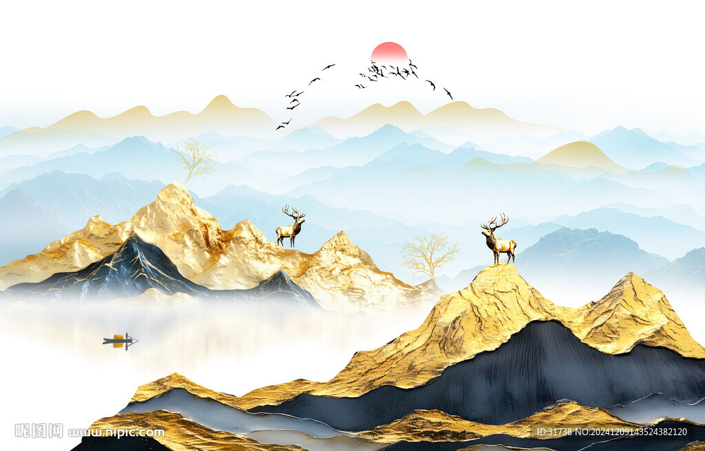 金色山水畫背景墻