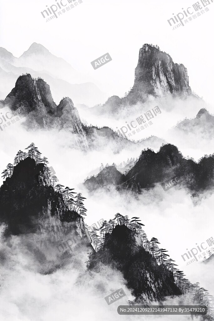 墨韻禪意山峰群山云霧