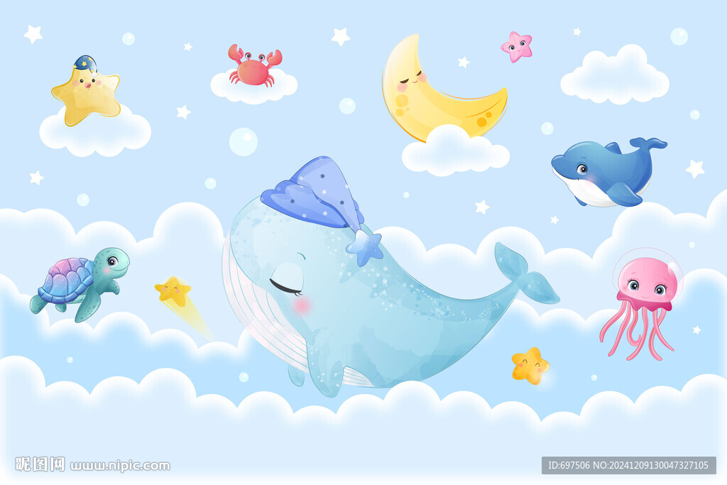 卡通云朵鯨魚可愛海洋動物背景墻