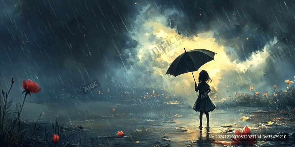 雨中撐傘的少女