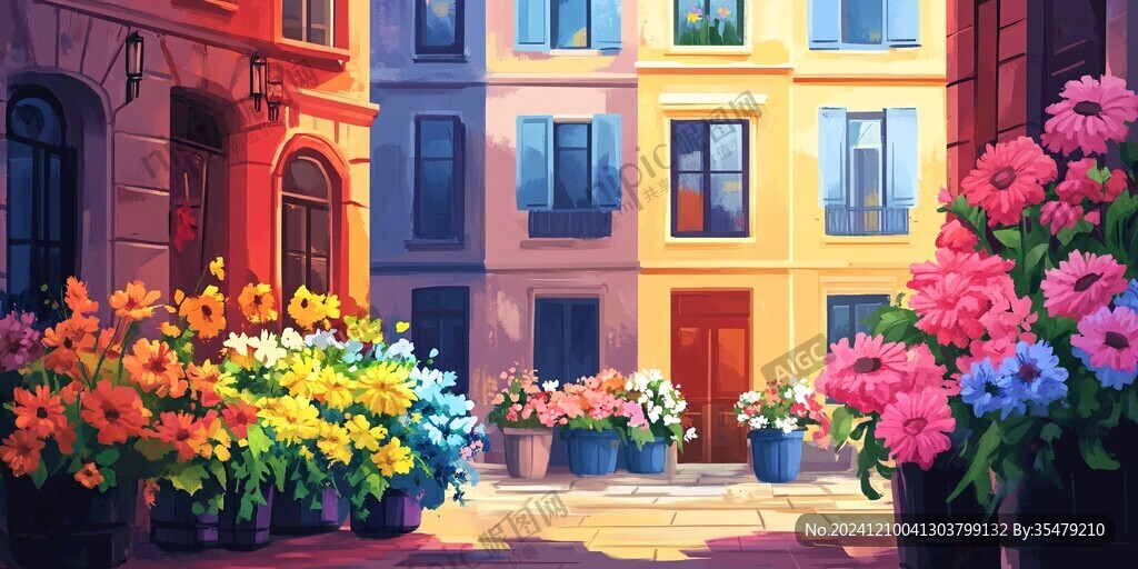 開滿鮮花的窗戶插畫
