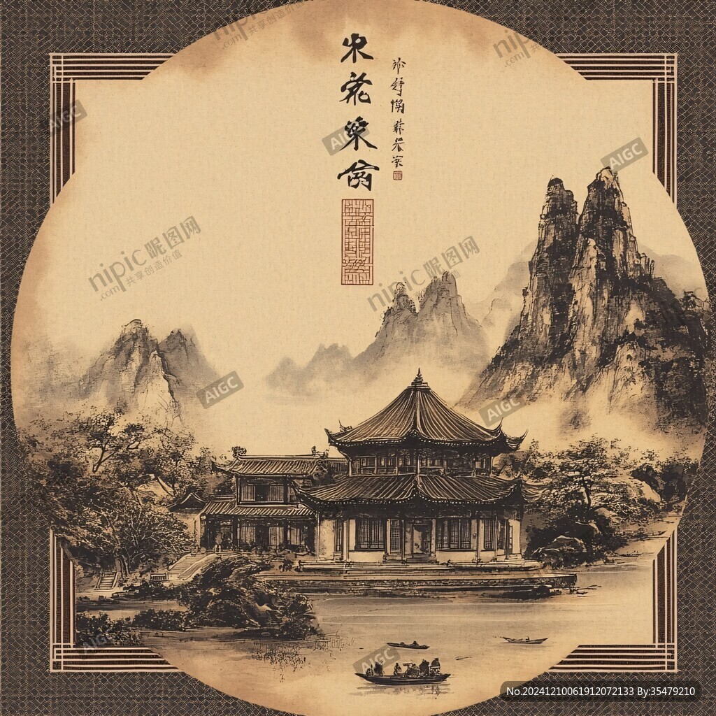 工筆樓閣亭臺圓形框畫