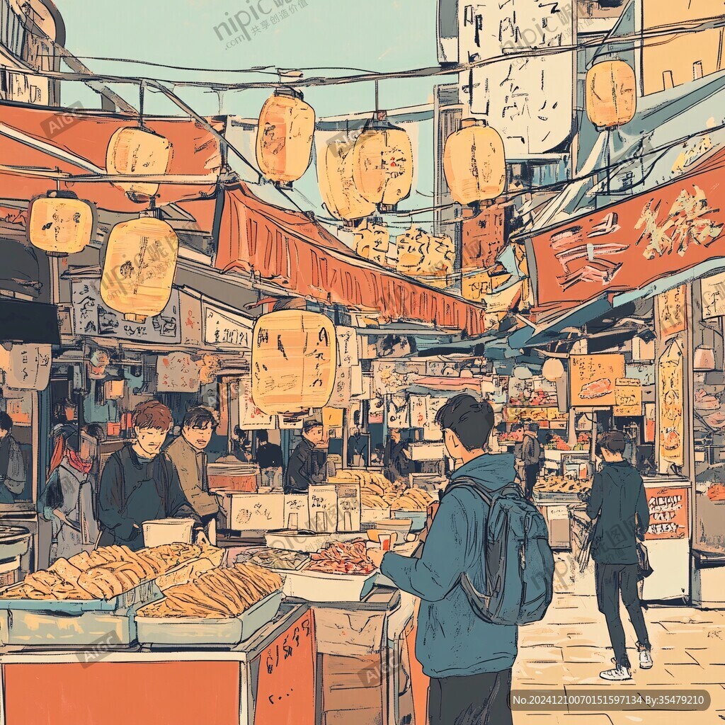 小吃街插畫