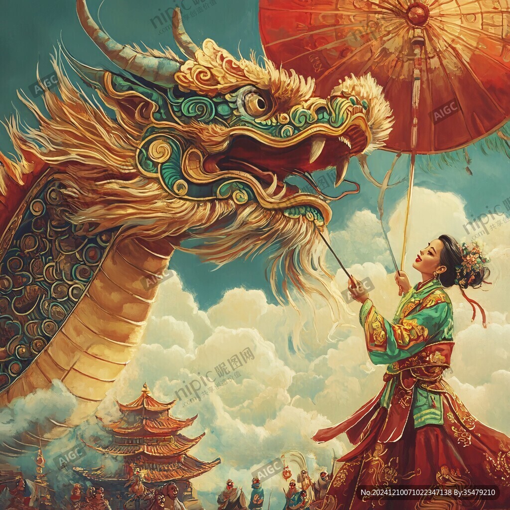 舞龍場景油畫