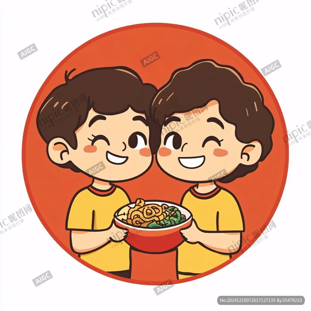 卡通小男孩吃粉條面條
