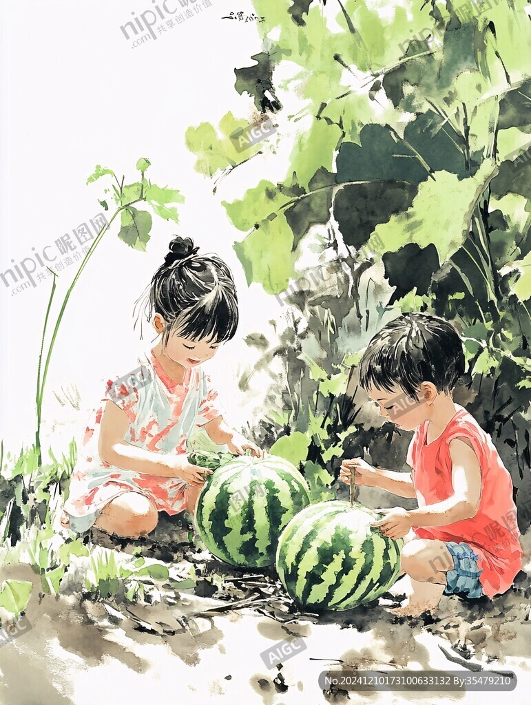 手繪西瓜與小孩