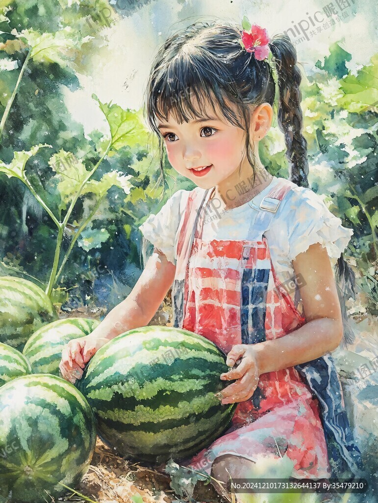 捧西瓜女孩繪畫(huà)