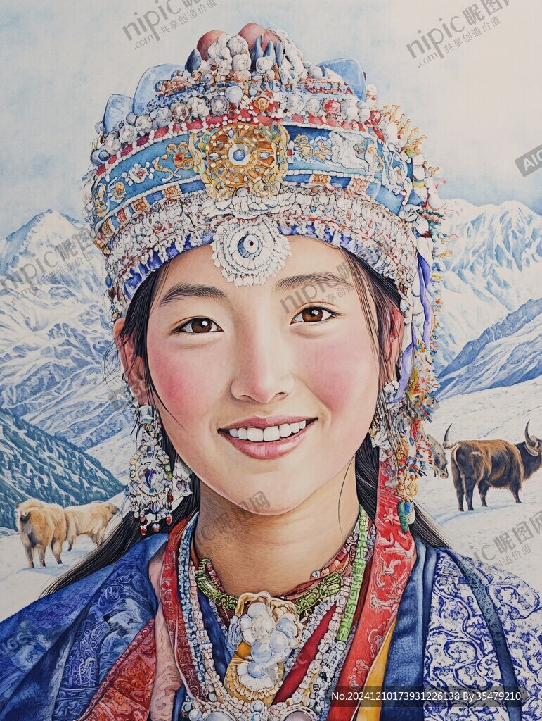 手繪門巴族少女