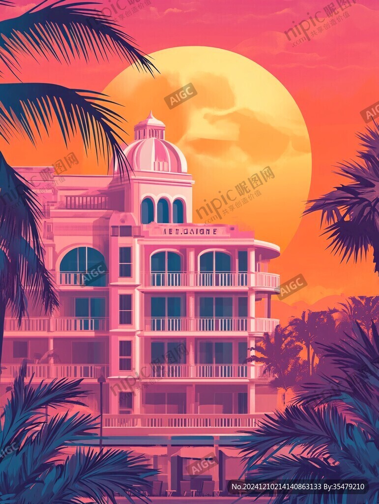 日落建筑插畫