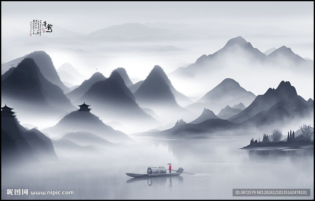 新中式意境水墨畫山水背景墻