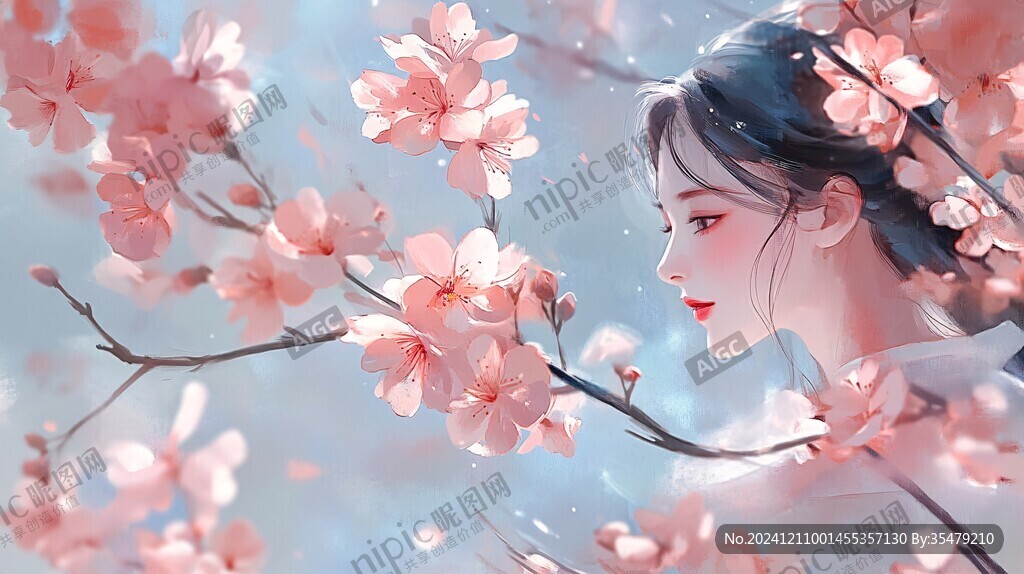 春天桃花女孩插畫