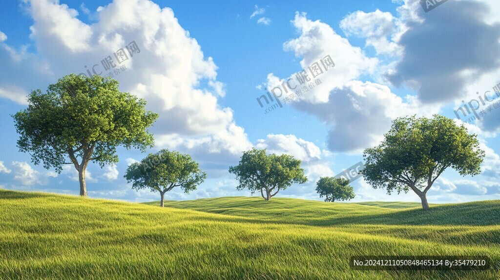 藍天白云草地大樹