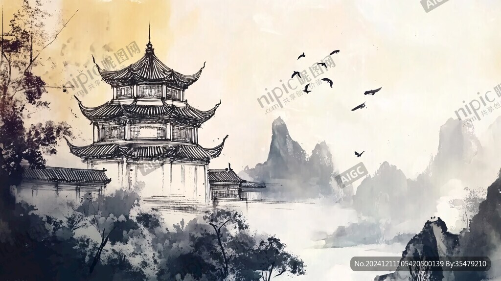 仙鶴樓閣古風山水畫