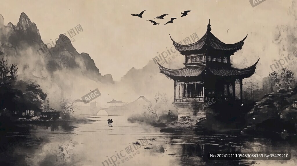 樓閣山水意境畫