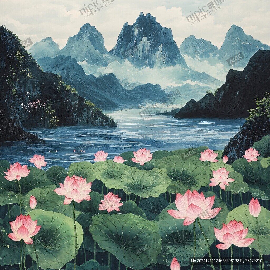 巨幅山水畫現代蓮花畫