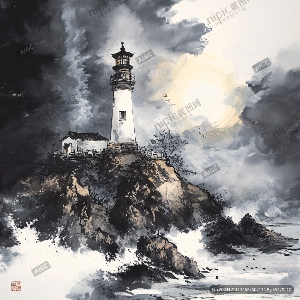 瞭望塔工筆畫裝飾畫
