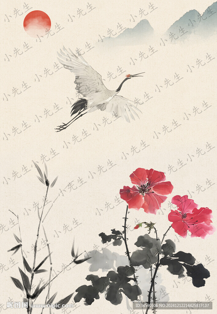 古風國潮花朵仙鶴落日水墨畫