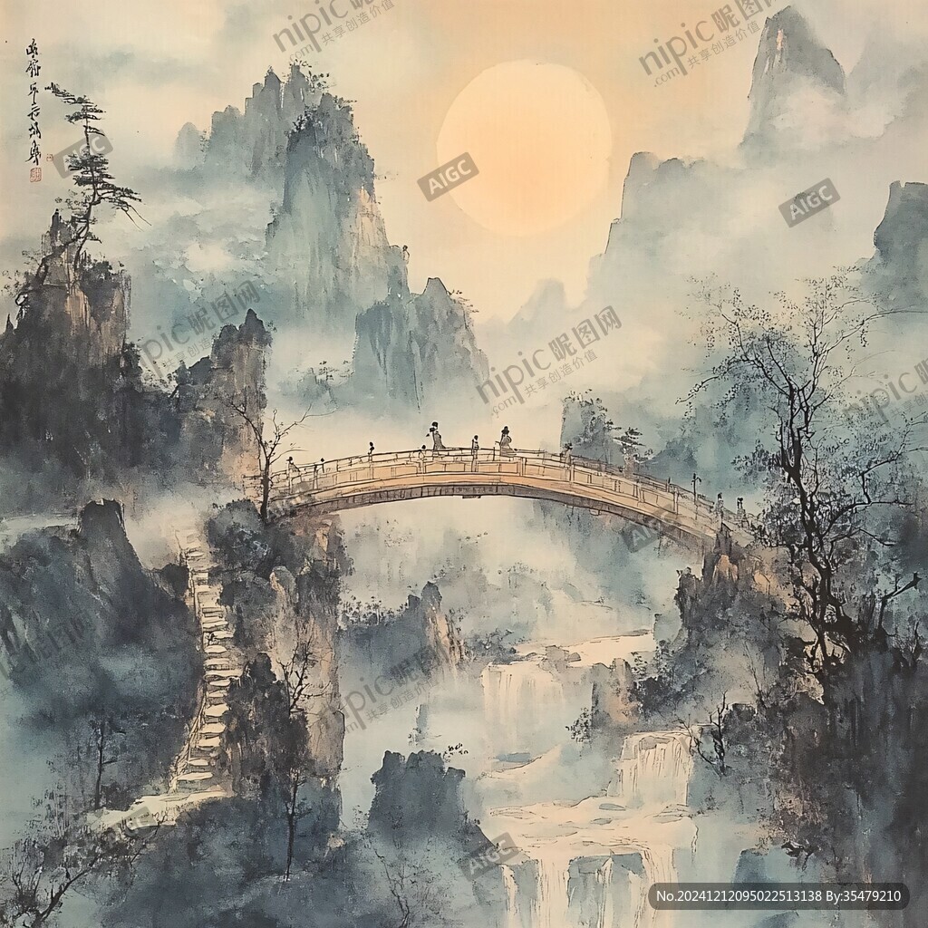 旭日東升樓閣山水畫