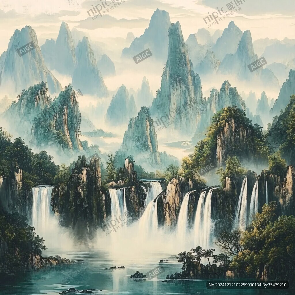山水風(fēng)景油畫瀑布